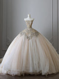 Niulatu Ball Gown Strapless Tulle Champagne Long Wedding Dresses Brides Dress S3812