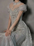 Niulatu Mermaid Off The Shoulder White Tulle Sequin Long Wedding Dresses HZ1110