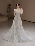 Niulatu Mermaid Off The Shoulder White Tulle Sequin Long Wedding Dresses HZ1110