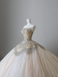 Niulatu Ball Gown Strapless Tulle Champagne Long Wedding Dresses Brides Dress S3812