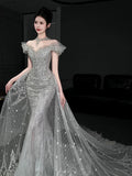 Niulatu Mermaid Off The Shoulder White Tulle Sequin Long Wedding Dresses HZ1110