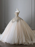 Niulatu Ball Gown Strapless Tulle Champagne Long Wedding Dresses Brides Dress S3812