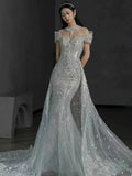 Niulatu Mermaid Off The Shoulder White Tulle Sequin Long Wedding Dresses HZ1110