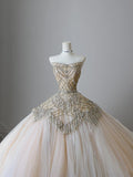 Niulatu Ball Gown Strapless Tulle Champagne Long Wedding Dresses Brides Dress S3812
