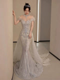 Niulatu Mermaid Off The Shoulder White Tulle Sequin Long Wedding Dresses HZ1110