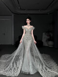 Niulatu Mermaid Off The Shoulder White Tulle Sequin Long Wedding Dresses HZ1110