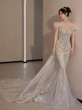Niulatu Mermaid Off The Shoulder White Tulle Sequin Long Wedding Dresses HZ1110