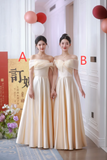 Niulatu A Line Elegant Off The Shoulder Satin Long Bridesmaid Dress HZ1110