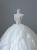 Niulatu Ball Gown Strapless Tulle White Long Wedding Dresses Brides Dress S3814