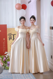 Niulatu A Line Elegant Off The Shoulder Satin Long Bridesmaid Dress HZ1110