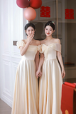 Niulatu A Line Elegant Off The Shoulder Satin Long Bridesmaid Dress HZ1110