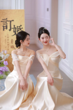 Niulatu A Line Elegant Off The Shoulder Satin Long Bridesmaid Dress HZ1110