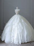 Niulatu Ball Gown Strapless Tulle White Long Wedding Dresses Brides Dress S3814