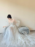 Niulatu A Line Off The Shoulder White Tulle Beaded Ruffles Long Wedding Dresses HZ1110