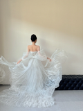 Niulatu A Line Off The Shoulder White Tulle Beaded Ruffles Long Wedding Dresses HZ1110