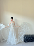 Niulatu A Line Off The Shoulder White Tulle Beaded Ruffles Long Wedding Dresses HZ1110