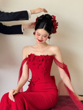 Niulatu Red Mermaid Off The Shoulder Satin Tulle Applique Long Prom Dresses HZ1110