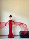 Niulatu Red Mermaid Off The Shoulder Satin Tulle Applique Long Prom Dresses HZ1110