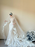 Niulatu White Mermaid Tulle Lace Applique With Veil Long Wedding Dresses HZ1110