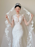 Niulatu White Mermaid Tulle Lace Applique With Veil Long Wedding Dresses HZ1110