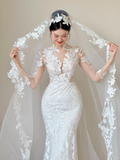 Niulatu White Mermaid Tulle Lace Applique With Veil Long Wedding Dresses HZ1110