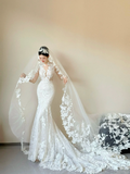 Niulatu White Mermaid Tulle Lace Applique With Veil Long Wedding Dresses HZ1110