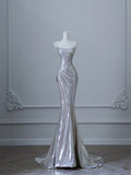Niulatu Mermaid Spaghetti Straps Silver Sequin Long Prom Dresses S3820