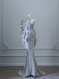 Niulatu Mermaid Spaghetti Straps Silver Sequin Long Prom Dresses S3820