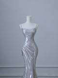 Niulatu Mermaid Spaghetti Straps Silver Sequin Long Prom Dresses S3820