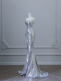 Niulatu Mermaid Spaghetti Straps Silver Sequin Long Prom Dresses S3820