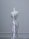 Niulatu Mermaid Spaghetti Straps Silver Sequin Long Prom Dresses S3820