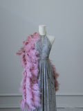 Niulatu A Line Scoop Neckline Silver Sequin Long Prom Dresses Evening Gowns S3821