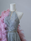 Niulatu A Line Scoop Neckline Silver Sequin Long Prom Dresses Evening Gowns S3821