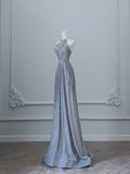 Niulatu A Line Scoop Neckline Silver Sequin Long Prom Dresses Evening Gowns S3821