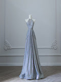 Niulatu A Line Scoop Neckline Silver Sequin Long Prom Dresses Evening Gowns S3821