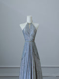 Niulatu A Line Scoop Neckline Silver Sequin Long Prom Dresses Evening Gowns S3821