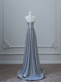 Niulatu A Line Scoop Neckline Silver Sequin Long Prom Dresses Evening Gowns S3821