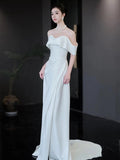 Niulatu Mermaid Off The Shoulder White Long Wedding Dresses With Short Sleeves Brides Dress S3822