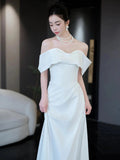 Niulatu Mermaid Off The Shoulder White Long Wedding Dresses With Short Sleeves Brides Dress S3822