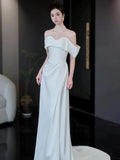 Niulatu Mermaid Off The Shoulder White Long Wedding Dresses With Short Sleeves Brides Dress S3822