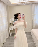 Niulatu A Line Off The Shoulder Ivory Chiffon Long Bridesmaid Dress HZ1110