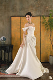 Niulatu Mermaid Off The Shoulder Ivory Long Wedding Dresses With Short Sleeves Brides Dress S3824