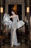 Niulatu Mermaid Spaghetti Straps Silver Sequin Long Prom Dresses Evening Gowns S3825