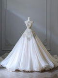 Niulatu Ball Gown High Neckline Tulle White Long Wedding Dresses Brides Dress S3828