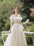 Niulatu A Line Light Ivory Off The Shoulder Tulle Applique Long Bridesmaid Dress HZ1110