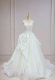 Niulatu A Line Strapless White Satin Pleated Long Wedding Dresses HZ1110