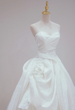 Niulatu A Line Strapless White Satin Pleated Long Wedding Dresses HZ1110