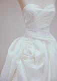 Niulatu A Line Strapless White Satin Pleated Long Wedding Dresses HZ1110