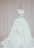 Niulatu A Line Strapless White Satin Pleated Long Wedding Dresses HZ1110