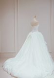 Niulatu A Line Strapless White Satin Pleated Long Wedding Dresses HZ1110